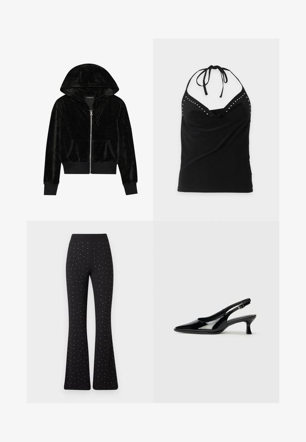 Sort velour zip-hoodie med en buet hætte, frontlommer og ribbede manchetter. Glat tekstur og enkelt design med fokus på komfort.; Sort halterneck ærmeløs top med sølvnitte detaljer langs halsudskæringen og et draperet forstykke.; Svart flagrende bukser med jævnt fordelte små hvide prikker og en simpel talje mod en hvid baggrund.; Sorte patenterede slingback-sko med spidse tæer og lav blokhæl. Justerbar spænde-rem ved anklen.