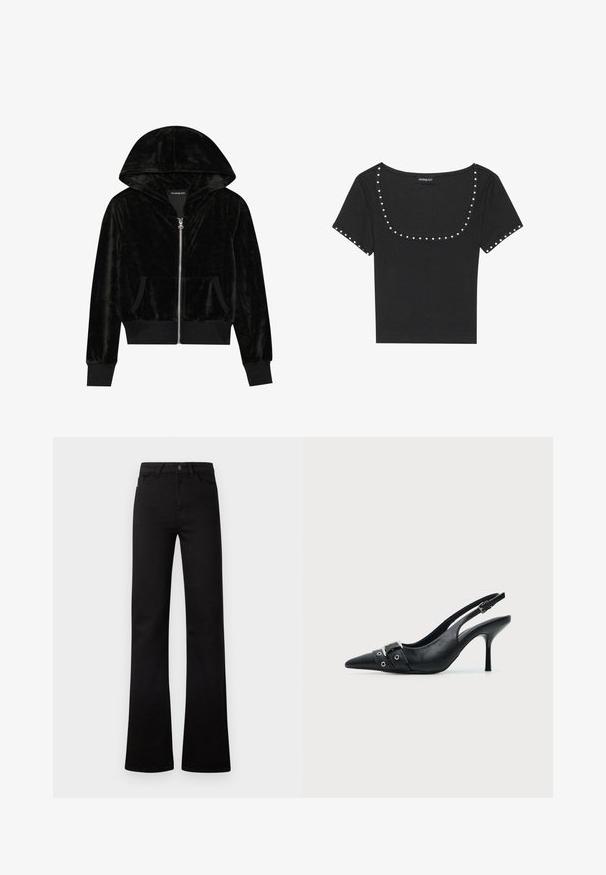 Sort velour zip-hoodie med en buet hætte, frontlommer og ribbede manchetter. Glat tekstur og enkelt design med fokus på komfort.; Sort, ribbet t-shirt med korte ærmer og bred bådudskæring, pyntet med sølvfarvede nitter langs udskæringen og ærmerne.; Sorte jeans med høj talje og lige ben, med forlommer, bæltestropper, knaplukning og let udvidede bukseben på en hvid baggrund.; Sort læder højhælet sko med spidst tåparti, slingback og rem med spænde og nitter foran.