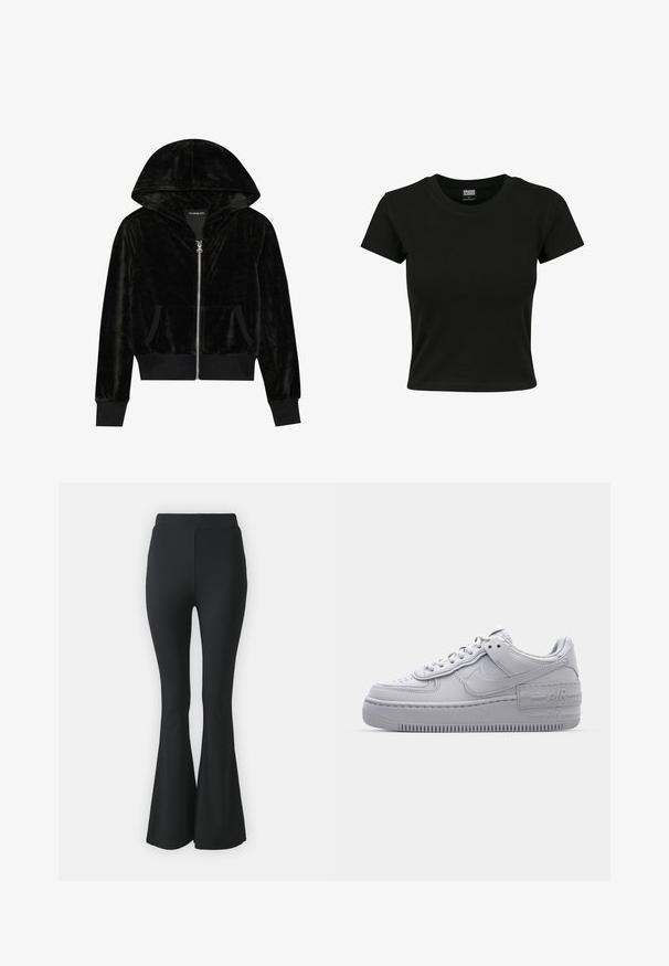 Haut à capuche zippé en velours noir avec une capuche courbée, des poches avant et des poignets côtelés. Texture lisse et design simple axé sur le confort.; T-shirt noir à manches courtes en coton lisse, avec un col rond et une coupe ajustée. Aucun motif ou accent visible.; Pantalons noirs évasés en tissu extensible. Présentent une taille haute et un design lisse et ajusté qui s'évase à partir du genou.; Basket en cuir lisse gris Nike Air Force 1 avec un bout perforé, une semelle épaisse et un détail 'AIR' en relief sur le talon.