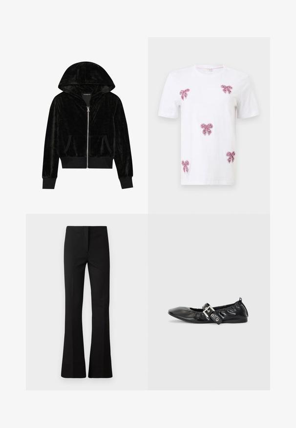 Sort velour zip-hoodie med en buet hætte, frontlommer og ribbede manchetter. Glat tekstur og enkelt design med fokus på komfort.; Hvid t-shirt med korte ærmer og fem lyserøde palietbuer placeret på forsiden og ærmerne.; Sorte flagrende bukser lavet af et glat stof. Har en skræddersyet pasform, frontfold og en skjult lynlås til lukning.; Sorte læder flade sko med spids tå, samling detaljer omkring åbningen, og en sølv spænde accent på den justerbare rem.