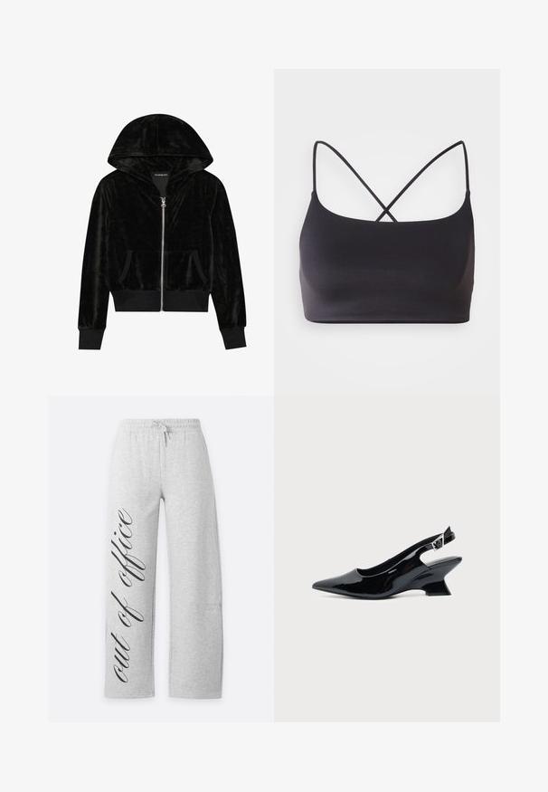Zwarte fluwelen hoodie met ritssluiting, een gebogen capuchon, voorzakken en geribbelde mouwen. Soepele textuur en een eenvoudig ontwerp gericht op comfort.; Zwarte bralette met een gladde textuur, voorzien van dunne bandjes die kruisen op de rug voor een minimalistisch ontwerp.; Lichtgrijze trainingsbroek met elastische tailleband en trekkoord, met zwarte cursieve tekst "out of office" langs het linkerbeen.; Zwarte lakleren slingback schoen met spitse neus en lage schuine blokhak op een effen lichte achtergrond.