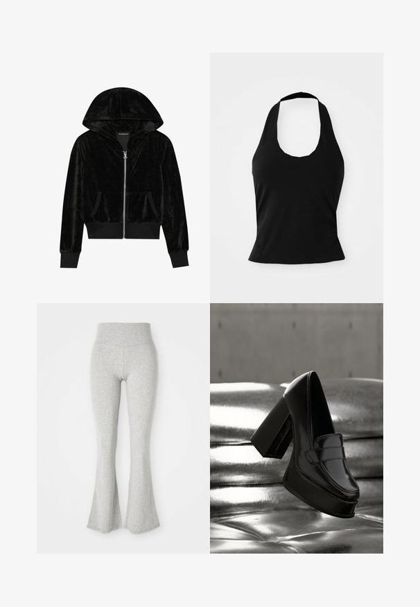 Sort velour zip-hoodie med en buet hætte, frontlommer og ribbede manchetter. Glat tekstur og enkelt design med fokus på komfort.; Sort halterneck top lavet af blød stof, med en scoop halsudskæring og en tætsiddende silhuet, med en glat tekstur og uden synlige mønstre.; Grå bredfede leggings lavet af blødt stof, med en elastisk talje og en glat struktur, der taper ned til en bred flade ved kanten.; Sort laklæder plateau-loafer med chunky blokhæl, der svæver over en blank metallisk polstret overflade.