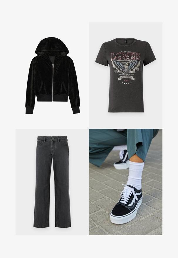 Sort velour zip-hoodie med en buet hætte, frontlommer og ribbede manchetter. Glat tekstur og enkelt design med fokus på komfort.; Grå bomulds T-shirt med et ørnegraphic med blå vinger, rød tekst der læser "ALL AMERICAN LOVER," og et banner med "SETTLE FOR NOTHING."; Mørkegrå vidde bukser lavet af denim, med standard linning, fem lommer og knaplukning. Glat tekstur og ensartet syning.; Sorte ruskinds sneakers med hvide accenter og snørebånd, der har en tyk hvid sål og kontrasterende syninger, parret med en hvid sok.