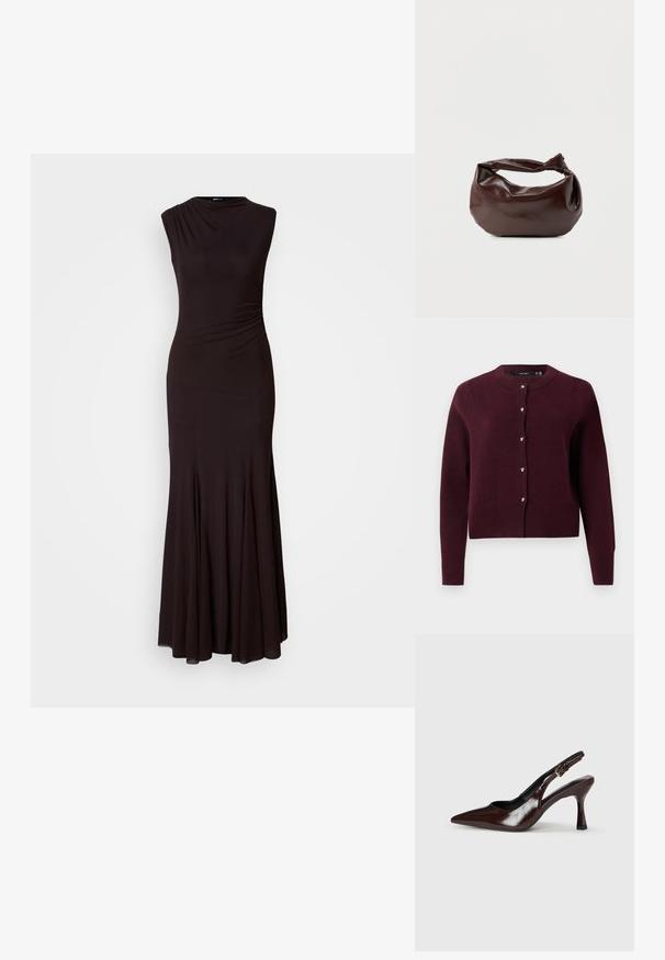 Cárdigan de punto burdeos con un cuello redondo, mangas largas y botones en forma de corazón en el frontal. Con puños y dobladillo acanalados.; Un vestido negro sin mangas con un cuello alto, detalles fruncidos en un lado y una falda acampanada. Hecho de una tela suave y elástica.; Zapatos de tacón slingback de charol marrón con punta afilada, tacón delgado y correa ajustable con una pequeña hebilla.; Bolso de hombro de cuero marrón oscuro con una forma suave y caída, y un asa con nudo torcido sobre un fondo blanco liso.