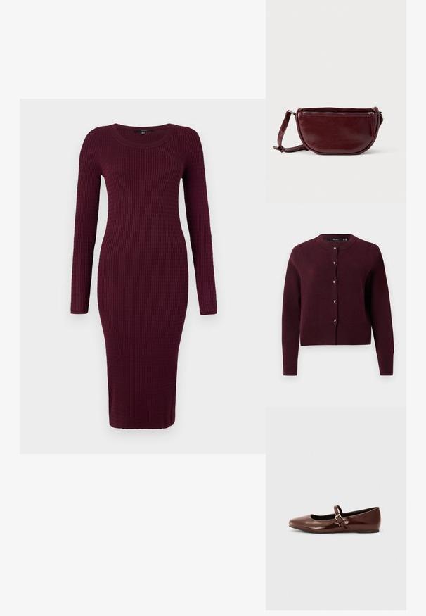 Bordeauxfarbener Strickcardigan mit rundem Ausschnitt, langen Ärmeln und herzförmigen Knöpfen auf der Vorderseite. Ribbed Saum und Bündchen.; Vero Moda VMSILJE ONECK CABLE - Strickkleid - winetasting; Braune Lackleder-Ballerinas mit quadratischer Zehenform und Riemen mit einer kleinen goldenen Schnalle. Glatte Textur, niedriger Absatz und minimalistisches Design.; Dunkelroter Lederhandtasche in halbmondförmiger Form mit Reißverschluss und abnehmbarem Tragegurt. Glatte Textur mit dezentem Glanz.