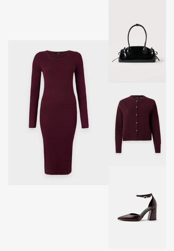 Cárdigan de punto burdeos con un cuello redondo, mangas largas y botones en forma de corazón en el frontal. Con puños y dobladillo acanalados.; Vero Moda VMSILJE ONECK CABLE - Vestido de punto - winetasting; Zapato de tacón alto de cuero marrón oscuro con punta puntiaguda, correa en el tobillo y hebilla plateada sobre fondo blanco.; Pequeño bolso negro brillante con dos asas largas y detalles de cordón lateral sobre un fondo claro liso.