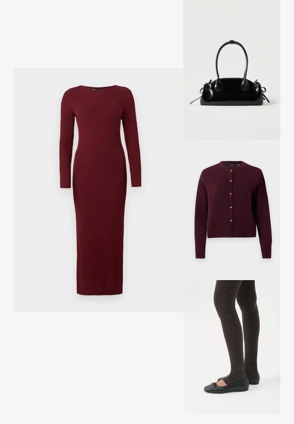 Bordeaux breien cardigan met een ronde halslijn, lange mouwen en hartvormige knopen aan de voorkant. Geribde zoom en manchetten.; Bordeaux ribbelgebreide maxi-jurk met lange mouwen en een bootnek, met een aansluitende pasvorm en subtiele textuur overal.; Benen met donkere geribbelde leggings gecombineerd met zwarte ballerina's met kleine strikdetails op een witte achtergrond.; Kleine zwarte glanzende handtas met twee lange hengsels en zijkant trekkoord details op een effen lichte achtergrond.