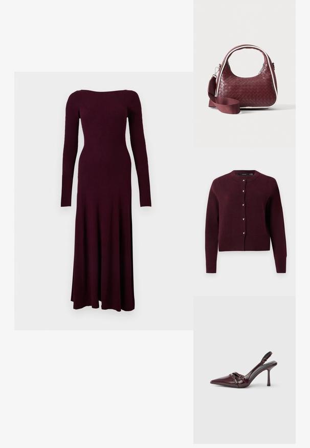 Cárdigan de punto burdeos con un cuello redondo, mangas largas y botones en forma de corazón en el frontal. Con puños y dobladillo acanalados.; Vestido midi de punto acanalado de manga larga en un profundo color burdeos con corsé ajustado y falda ligeramente acampanada sobre fondo blanco.; Zapato de tacón slingback de charol burdeos con puntera puntiaguda, fina correa en el tobillo y pequeño detalle decorativo de hebilla. Textura suave y tacón alto.; Bolso de mano de cuero tejido color granate con asa curva, ribete blanco, cremallera plateada y correa desmontable de tela ancha para el hombro sobre fondo liso.