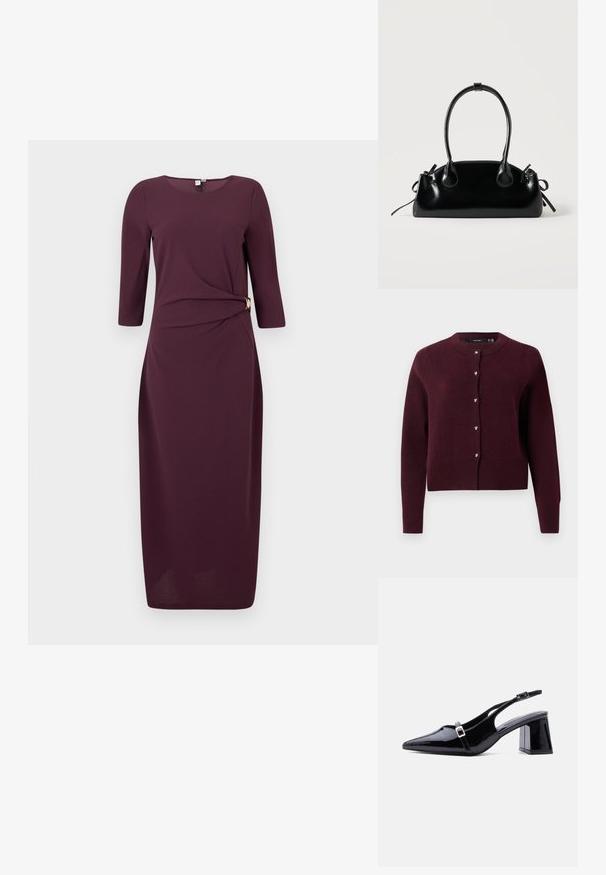 Cárdigan de punto burdeos con un cuello redondo, mangas largas y botones en forma de corazón en el frontal. Con puños y dobladillo acanalados.; Vestido burdeos hecho de una tela suave, con mangas de tres cuartos, un detalle de torsión lateral y un acento dorado en la cintura.; Zapato de mujer tipo slingback de charol negro con punta afilada, tacón bajo y cuadrado, y dos hebillas pequeñas plateadas en las correas.; Pequeño bolso negro brillante con dos asas largas y detalles de cordón lateral sobre un fondo claro liso.