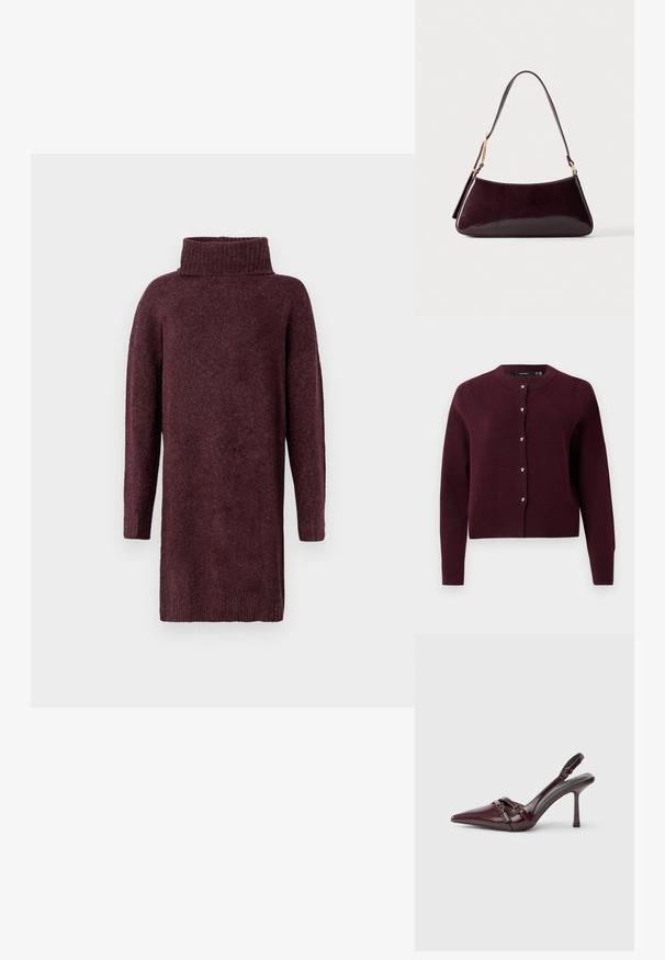 Bordeaux strikket cardigan med rund halsudskæring, lange ærmer og hjerteformede knapper foran. Ribbede kanter og manchetter.; Bourgogne strikket sweaterkjole med høj ribbet krave, lange ærmer og løs pasform. Blød tekstur med en let børstet finish.; Bourgogne laklæder slingback-hæl med spids tå, tynd ankelrem og lille dekorativ spænde. Glat tekstur og høj hæl.; Mørkebrun, blank læderhåndtaske med enkelt skulderrem og guldfarvede hardwaredetaljer mod en ensfarvet baggrund.