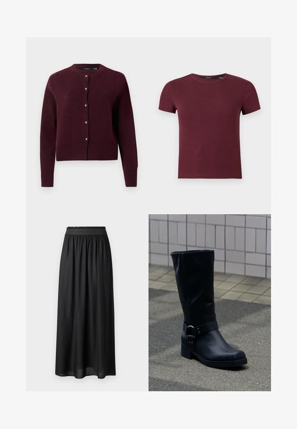 Bordeaux strikket cardigan med rund halsudskæring, lange ærmer og hjerteformede knapper foran. Ribbede kanter og manchetter.; Kortærmet ribstrikket crop top med rund hals i bordeaux med en tætsiddende silhuet.; Sort mid-længde nederdel lavet af letvægtsstof, med elastisk talje og en svævende silhuet med en glat tekstur.; Sort læderstøvle midt på læggen med lav blokhæle og en dekorativ rem med metal spænde rundt om anklen, på en flisebelagt fortov.