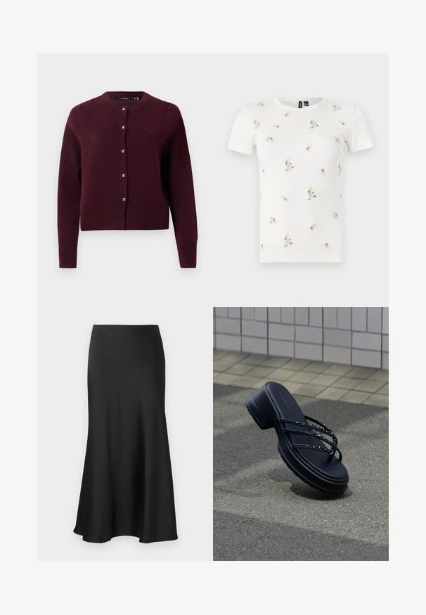 Bordeaux strikket cardigan med rund halsudskæring, lange ærmer og hjerteformede knapper foran. Ribbede kanter og manchetter.; Hvid bomulds t-shirt med korte ærmer, med en ribbet tekstur og spredt blomsterbroderi i pink og grøn over hele.; Sort satin nederdel med en udvidet silhuet, mellemlang design, glat tekstur og en simpel, udekoreret talje.; Sort platformsandal med tre tynde stropper og sølvspænder, svævende over asfalt nær flisebelagt væg.