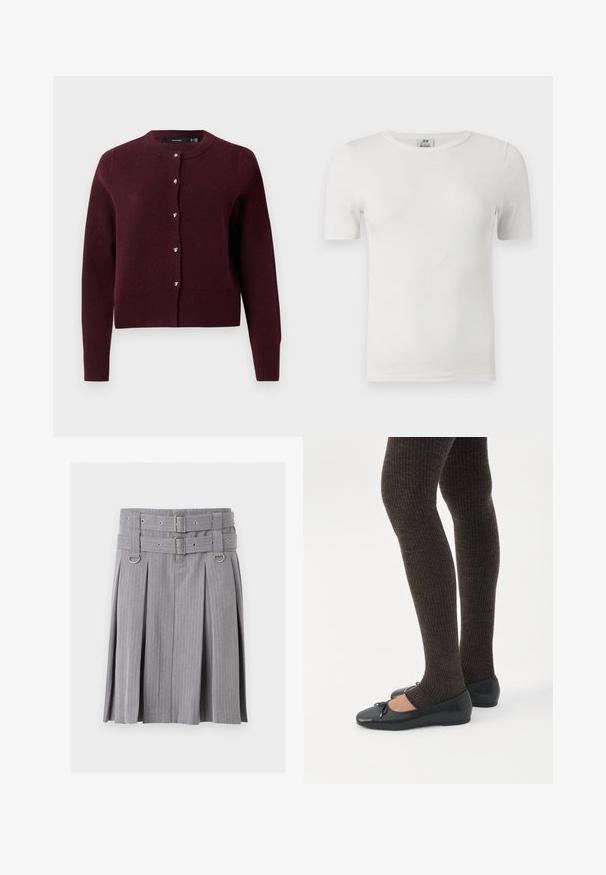Bordeaux strikket cardigan med rund halsudskæring, lange ærmer og hjerteformede knapper foran. Ribbede kanter og manchetter.; Hvid ribstrikket T-shirt med korte ærmer og rund hals, med tætsiddende pasform og JDY-mærkat indeni nakken.; Grå plisseret nederdel med striber med dobbelt bælte og sølvspænder, med D-ring detaljer ved taljen.; Ben iført mørke ribbede leggings kombineret med sorte balletsko med små sløjfedetaljer på hvid baggrund.
