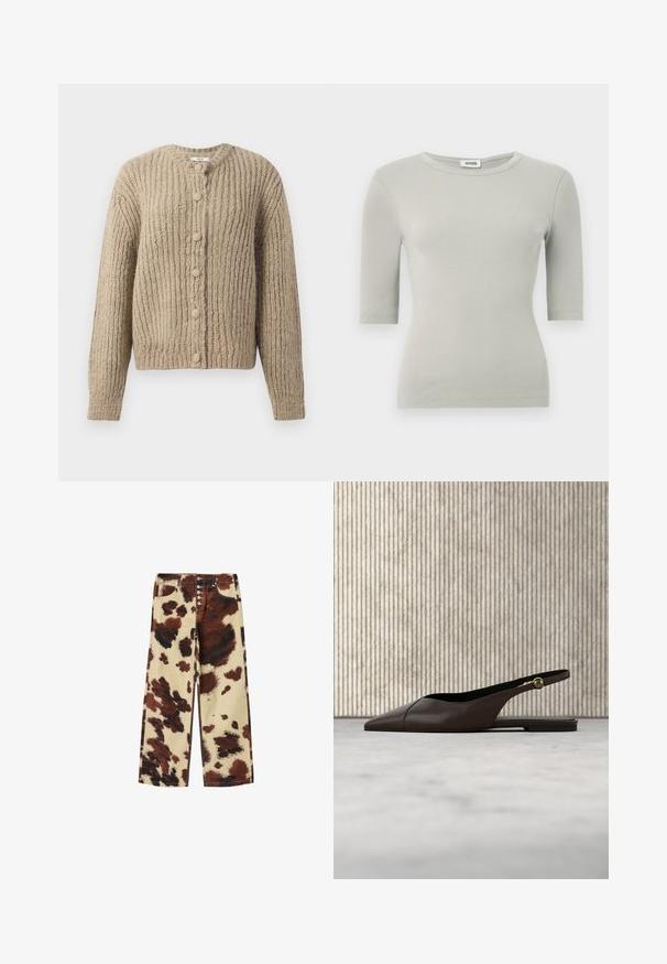 Cardigan en tricot épais beige avec de longues manches et six boutons recouverts de tissu à l'avant, doté d'un col rond.; Haut gris clair à manches courtes côtelées avec un col rond et une coupe ajustée. Texture lisse et légère élasticité pour le confort.; Pantalon à jambes larges avec motif en cuir de vache marron et crème, fermeture éclair à cinq boutons, poches avant et coutures visibles.; Chaussure plate en cuir marron foncé à bout pointu avec bride arrière et boucle dorée, posée sur un tapis beige près d'une table ronde en bois.