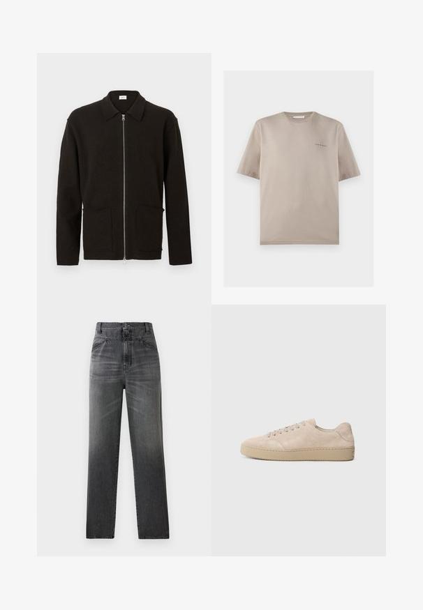 Cardigan marron foncé à fermeture éclair avec deux poches avant et un col, présenté sur un fond clair uni.; T-shirt beige à manches courtes et col rond avec petit logo « Tiger of Sweden » sur la poitrine gauche, présenté sur fond blanc.; Jeans en denim gris foncé présentant une taille haute, une coupe droite, et une texture délavée avec poches avant et fermeture à un bouton.; Baskets en daim beige avec un bout rond, des lacets plats et une semelle en caoutchouc texturé. Design minimaliste avec des bords lisses et des coutures discrètes.