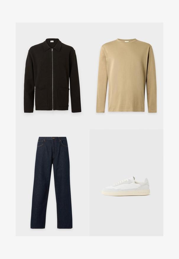 Cardigan marron foncé à fermeture éclair avec deux poches avant et un col, présenté sur un fond clair uni.; T-shirt beige à manches longues avec col rond, au design simple et uni sur un fond gris clair.; Jean droit en denim bleu foncé avec poches avant et coutures marron visibles, posé à plat sur un fond clair.; Baskets blanches avec dessus en daim et cuir texturé. Caractérisées par un bout arrondi, une fermeture à lacets et une semelle en caoutchouc beige contrastante.