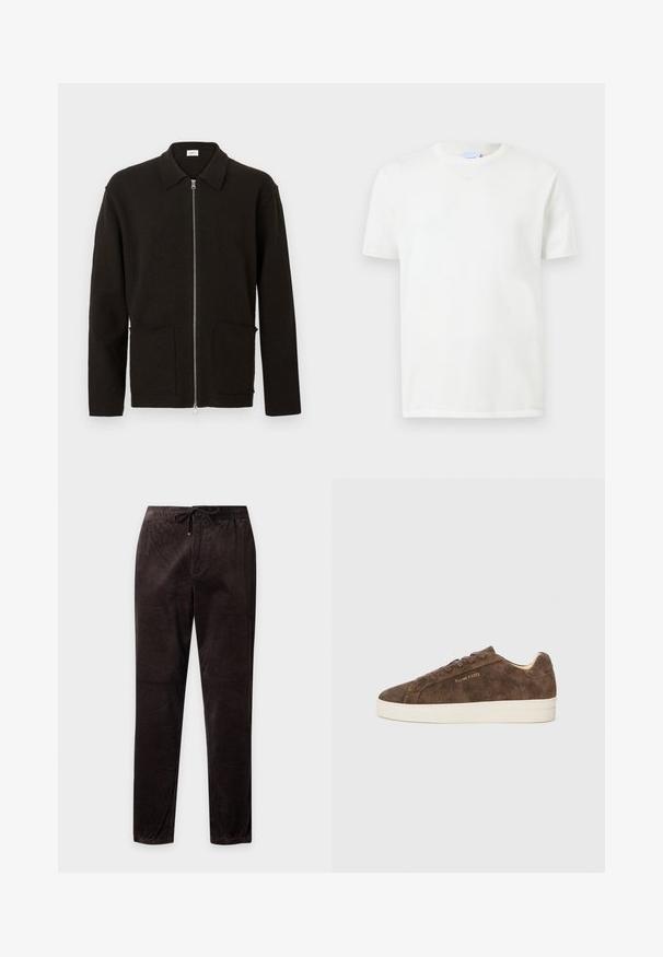 Cardigan marron foncé à fermeture éclair avec deux poches avant et un col, présenté sur un fond clair uni.; T-shirt blanc uni à manches courtes et col rond, présenté sur un fond gris clair.; Pantalon en velours côtelé brun foncé avec taille élastique et cordon, coupe droite, présenté à plat sur fond blanc.; Baskets en daim marron avec une silhouette basse, un bout arrondi et une semelle en caoutchouc blanc. Elles présentent des lacets foncés et un logo discret sur le côté.