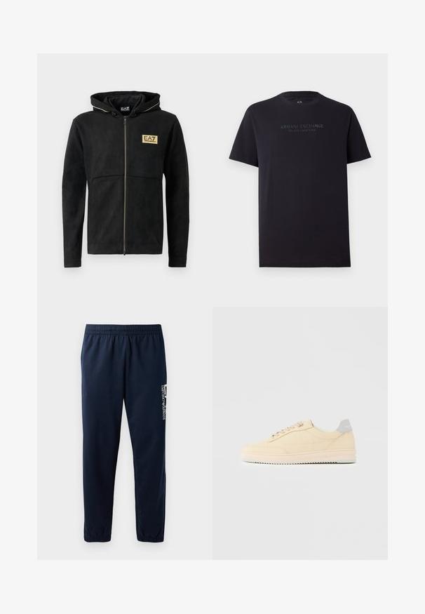 Sudadera con cremallera negra hecha de material suave, con un logo dorado en el pecho, cremallera en contraste y capucha con cordón.; Camiseta de algodón negra de manga corta, con cuello redondo y un ajuste ligeramente relajado. Presenta "ARMANI EXCHANGE MILANO / NEW YORK" en texto gris oscuro.; Pantalones de chándal azul marino con cintura elástica, piernas ajustadas y un logo blanco en el lateral. Tejido suave con una textura ligera.; Zapatilla deportiva beige de corte bajo con cierre de cordones en la parte delantera, suela rosa claro y lengüeta trasera gris con la marca "Filling Pieces", mostrada de perfil sobre un fondo liso.