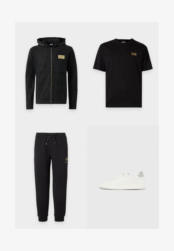 Schwarze Zip-Hoodie aus weichem Material, mit einem goldenen Logo auf der Brust, kontrastierendem Reißverschluss und einer Kapuze mit Kordelzug.; Schwarzes Baumwoll-T-Shirt mit kurzen Ärmeln, ausgestattet mit einem kleinen gelben gestickten Logo im linken Brustbereich. Klassisches Crew-Hals-Design.; Schwarze Jogginghose mit elastischem Bund und Kordelzug, umgeschlagene Knöchel und kleines goldenes "A|X Armani Exchange"-Logo am rechten Oberschenkel.; Weißer Sneaker mit niedrigem Schaft, grauem Fersenlaschen, weißen Schnürsenkeln und einer strukturierten Sohle, dargestellt vor einem schlichten hellen Hintergrund.