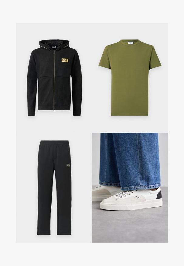 Sudadera con cremallera negra hecha de material suave, con un logo dorado en el pecho, cremallera en contraste y capucha con cordón.; Camiseta de manga corta de color verde oliva, hecha de tela suave y lisa. Cuello redondo clásico, líneas limpias y sin patrones ni detalles visibles.; Pantalones de chándal negros de pierna recta con cintura elástica y logotipo negro en el muslo izquierdo superior.; Zapatillas blancas y negras con una parte superior de cuero suave, acentos texturizados y una suela blanca gruesa. Presenta un diseño clásico de cordones.