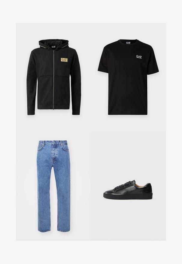 Schwarze Zip-Hoodie aus weichem Material, mit einem goldenen Logo auf der Brust, kontrastierendem Reißverschluss und einer Kapuze mit Kordelzug.; Schwarzes Baumwoll-T-Shirt mit kurzen Ärmeln, Rundhalsausschnitt und kleinem weißen EA7-Logo auf der linken Brust. Glatte Textur, normale Passform.; Won Hundred STEVE - Jeans Relaxed Fit - cut blue; Schwarze Leder-Sneaker mit glatter Textur, runder Zehenpartie und Schnürverschluss. Verfügt über eine dicke Gummisohle und minimalistische Marken-Details.