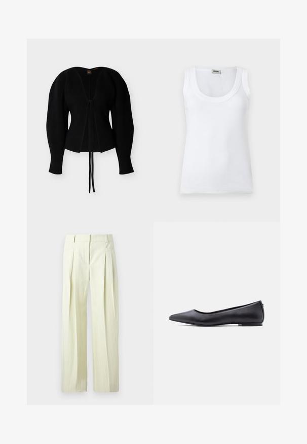 Cardigan noir en maille côtelée avec manches longues bouffantes et fermeture à nouer sur le devant, étiquette "BOSS" à l'intérieur du col.; Débardeur blanc côtelé sans manches avec encolure dégagée et étiquette de marque au dos du col, présenté sur un fond blanc uni.; Pantalon ample couleur crème avec fines rayures verticales, plis à l'avant, poches latérales, et passants pour ceinture.; Chaussure plate en cuir noire à bout pointu avec petit talon, vue de profil sur fond blanc.