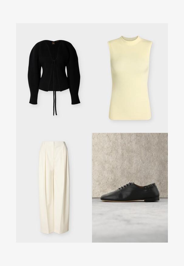 Cardigan noir en maille côtelée avec manches longues bouffantes et fermeture à nouer sur le devant, étiquette "BOSS" à l'intérieur du col.; Top sans manches en maille côtelée jaune pâle avec un col rond montant, silhouette ajustée et tissu doux texturé.; Pantalon crème à taille haute et jambes larges avec plis devant, fermeture éclair avant dissimulée et passants pour ceinture.; Chaussure plate en cuir noir à lacets, bout arrondi et petit talon, vue de profil droit sur un fond clair.