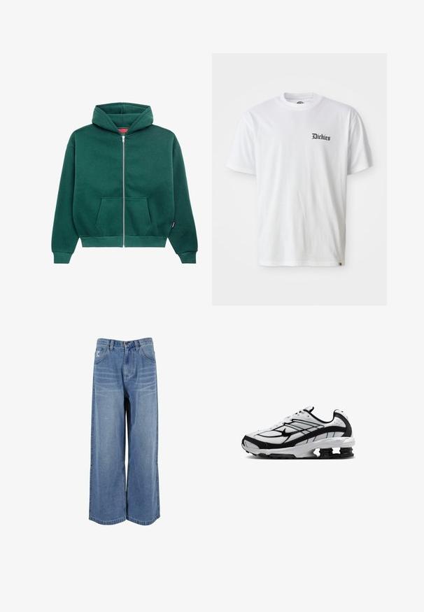 Grüne Sweatjacke aus weichem Stoff, mit Kapuze, Fronttaschen und gerippten Bündchen und Saum. Einfaches, einfarbiges Design.; Weißes Baumwoll-T-Shirt mit kurzen Ärmeln und Rundhalsausschnitt. Mit schwarzem "Dickies"-Logo, das auf der linken Brustseite aufgedruckt ist.; Weite blaue Denim-Jeans mit hoher Taille, frontalen Taschen und genähten Details an den Beinen. Strukturierte, verblasste Optik mit lockerer Passform.; Weißer und schwarzer Sportschuh mit Mesh-Obermaterial, Nike-Logo und zweifacher federartiger Dämpfung im Fersenbereich der Sohle.