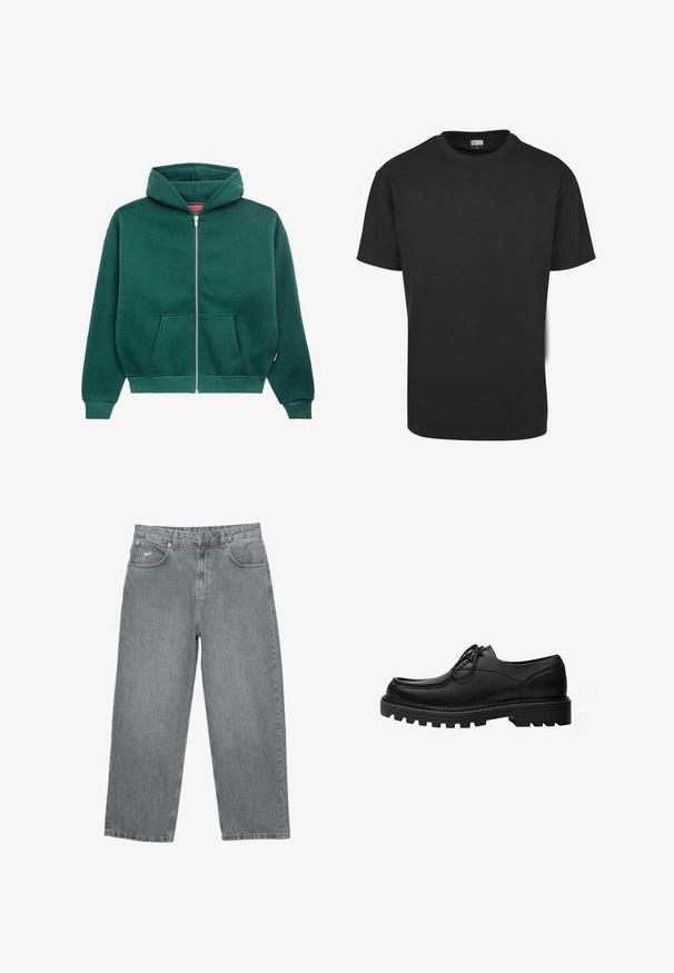 Groene zip-up hoodie van zacht materiaal, met een capuchon, zijzakken en ribgebreide manchetten en onderrand. Eenvoudig, effen kleurontwerp.; Zwart katoenen T-shirt met korte mouwen, ronde halslijn en een standaard pasvorm. De stof lijkt glad en ongekleed.; Lichtgrijze denimbroek met een rechte pijp, vijf zakken en een gulp met knopen. Heeft subtiele branding op de voorkant van de tailleband.; Zwarte leren veterschoen met dikke, robuuste zool en gedetailleerde stiksels op het bovenwerk, ontworpen voor formeel of casual gebruik.