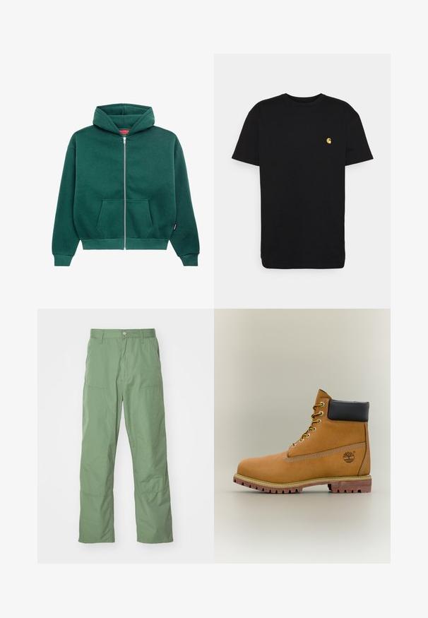 Hoodie zippé vert en tissu doux, avec une capuche, des poches avant et des poignets et un ourlet côtelés. Design simple et de couleur unie.; T-shirt en coton noir à manches courtes, col rond, avec un petit logo jaune sur la partie gauche de la poitrine. Design simple et coupe régulière.; Pantalons vert clair, coupe décontractée avec une texture lisse, dotés de poches latérales et de détails de coutures visibles. Longueur complète avec un design à jambe droite.; Bottine en cuir marron avec col noir, lacets jaunes et semelle beige. Présente un logo et des détails de couture blanche. Semelle extérieure à traction robuste.
