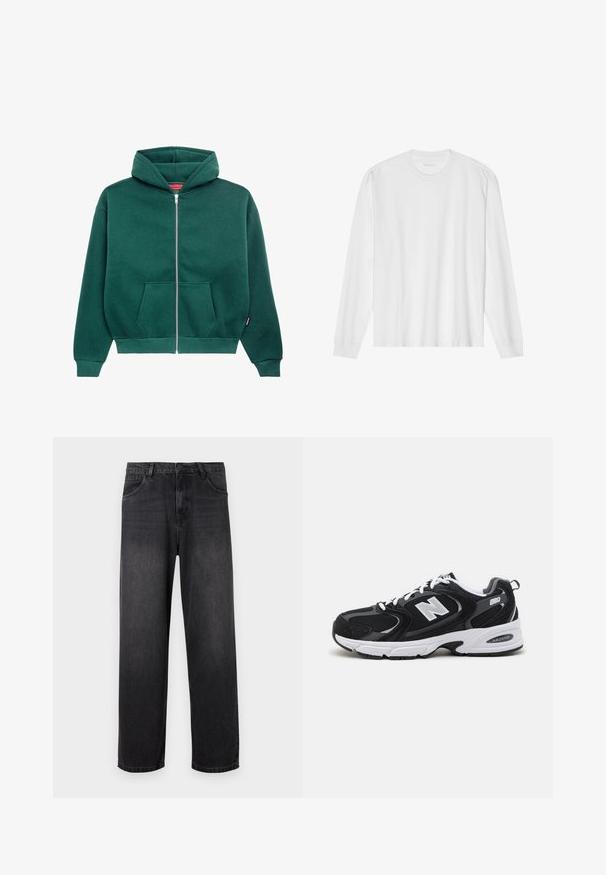 Grüne Sweatjacke aus weichem Stoff, mit Kapuze, Fronttaschen und gerippten Bündchen und Saum. Einfaches, einfarbiges Design.; Weißes langärmeliges Baumwoll-T-Shirt mit Rundhalsausschnitt, mit gerippten Bündchen und geradem Saum, glatter Textur und minimalistischem Design.; Dunkelgraue Denim-Jeans mit geradem Bein, ausgestattet mit einem Reißverschluss, fünf Taschen und subtilen Verblassungen auf dem Stoff.; Schwarze und graue Sportschuhe mit Obermaterial aus Mesh und Wildleder, ausgestattet mit einer weißen Zwischensohle, Schnürsenkeln und einem markanten "N"-Logo an der Seite.