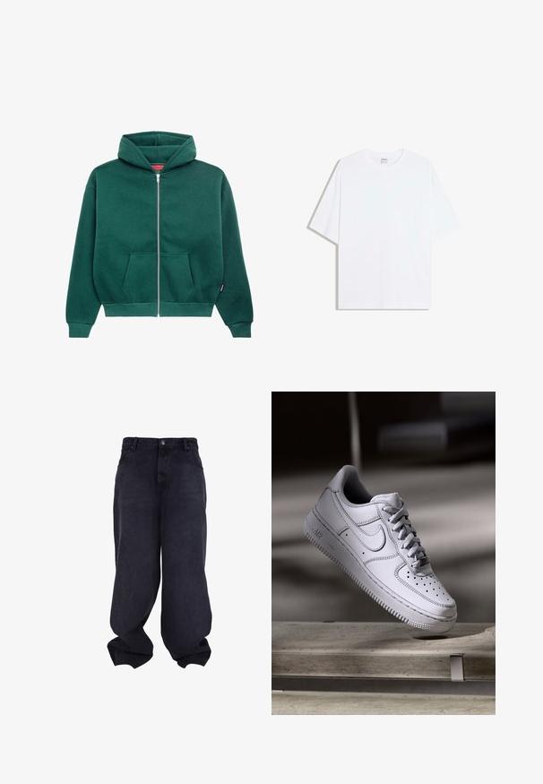 Grüne Sweatjacke aus weichem Stoff, mit Kapuze, Fronttaschen und gerippten Bündchen und Saum. Einfaches, einfarbiges Design.; Weißes, übergroßes Baumwoll-T-Shirt mit rundem Ausschnitt und kurzen Ärmeln; glatte Textur, keine sichtbaren Muster oder Akzente.; Schwarze übergroße Baggy-Jeans mit Knopf- und Reißverschluss vorne, Vordertaschen und lockeren, weiten Beinen.; Weißer Nike Air Force 1 Sneaker aus Leder mit perforierter Zehenpartie, flachen Schnürsenkeln und strukturierter Gummisohle mit "AIR"-Branding an der Seite.