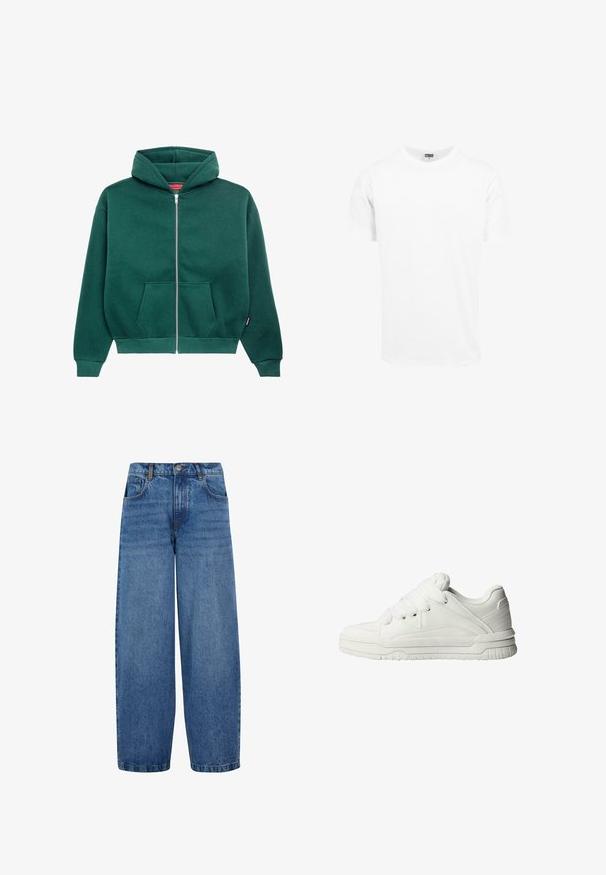 Grüne Sweatjacke aus weichem Stoff, mit Kapuze, Fronttaschen und gerippten Bündchen und Saum. Einfaches, einfarbiges Design.; Weißes Baumwoll-T-Shirt, kurze Ärmel, Rundhalsausschnitt, gerader Schnitt, weiche Textur, schlichtes Design, keine Grafiken oder Muster.; Weite Jeans aus mittelblauem Denim. Merkmale sind eine hohe Taille, ein klassisches Fünf-Taschen-Design und dezente Ausbleichungen an den Beinen. Standard-Saum.; Weiße Sneaker mit glattem Lederobermaterial, gepolstertem Zungenbereich, flachen Schnürsenkeln und strukturierten Akzenten an den Seiten und der Ferse.