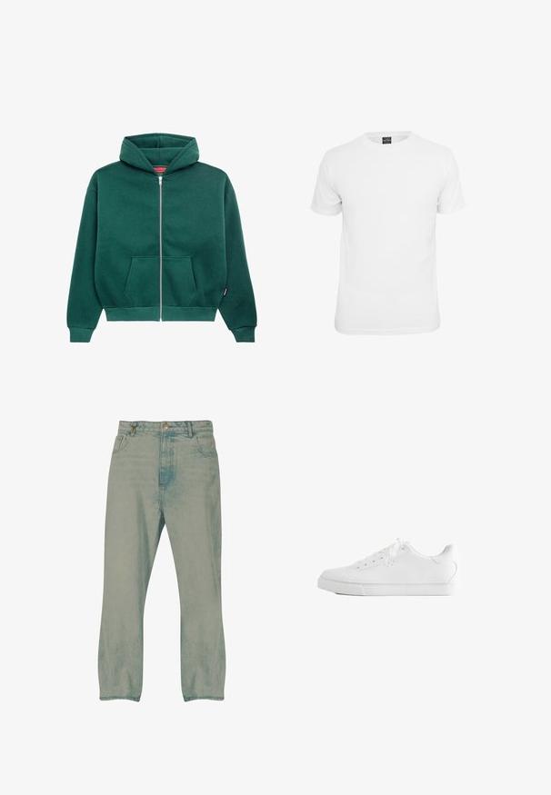Grüne Sweatjacke aus weichem Stoff, mit Kapuze, Fronttaschen und gerippten Bündchen und Saum. Einfaches, einfarbiges Design.; Weißes T-Shirt mit kurzen Ärmeln, aus Baumwolle, mit Rundhalsausschnitt und glatter Textur, entworfen für lässige Kleidung.; Hellblaue Jeans mit geradem Bein, auf der Vorderseite mit Knöpfen, Gürtelschlaufen und vorderen Taschen, vor weißem Hintergrund präsentiert.; Weißer Low-Top-Sneaker mit Schnürsenkeln, glattem Lederobermaterial und flacher Gummisohle, seitlich auf weißem Hintergrund gezeigt.