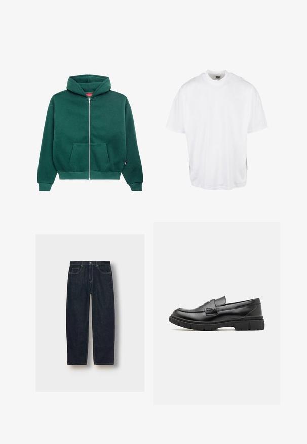 Hoodie zippé vert en tissu doux, avec une capuche, des poches avant et des poignets et un ourlet côtelés. Design simple et de couleur unie.; T-shirt en coton blanc avec une coupe décontractée, des manches courtes et un col rond, présentant un ourlet droit et sans graphiques ni motifs visibles.; Jean en denim bleu foncé à coupe ample, avec cinq poches et des coutures en contraste. Fermeture à bouton et à fermeture éclair. Texture lisse.; Mocassin en cuir noir avec une large sangle sur le devant, semelle en caoutchouc à épaisse rainure, et texture lisse. Design classique et élégant.
