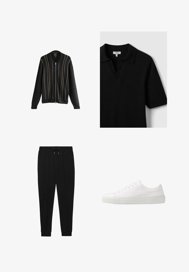 Cardigan en tricot noir avec une fermeture éclair à l'avant, présentant des accents dorés verticaux et un design de col classique. Texture douce, coupe décontractée.; Polo noir à manches courtes en tissu doux, avec un col en V et un col classique, présentant des coutures minimales et sans motifs visibles.; Pantalons de sport noirs avec une taille à cordon de serrage, des jambes fuselées et des poignets côtelés. Fabriqués dans un tissu doux au toucher lisse.; Baskets en cuir blanc avec une finition lisse, bout rond et six œillets pour les lacets. Présente une semelle en caoutchouc texturée et un design minimaliste.