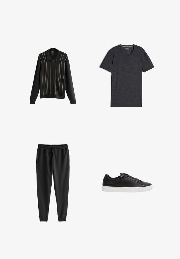 Cardigan en tricot noir avec une fermeture éclair à l'avant, présentant des accents dorés verticaux et un design de col classique. Texture douce, coupe décontractée.; T-shirt noir en jersey à manches courtes fabriqué en laine mérino, avec un col rond et un tissu lisse, légèrement texturé.; Pantalons de survêtement noirs en tissu doux, dotés d'une taille élastique avec cordon de serrage, de jambes fuselées et de poignets côtelés aux chevilles.; Basket basse en cuir noir avec lacets noirs et semelle en caoutchouc blanche, vue de profil sur fond blanc.