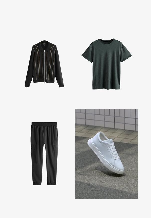 Cardigan en tricot noir avec une fermeture éclair à l'avant, présentant des accents dorés verticaux et un design de col classique. Texture douce, coupe décontractée.; T-shirt gris foncé en tissu doux et texturé. Doté d'un col rond classique et de manches courtes avec un motif subtil. Pas de logos visibles.; Pantalon cargo noir avec taille et poignets élastiques, doté de poches avant zippées et de poches à rabat sur les cuisses.; Baskets basses blanches à lacets flottant au-dessus d’un bitume texturé et d’une surface carrelée beige en arrière-plan.