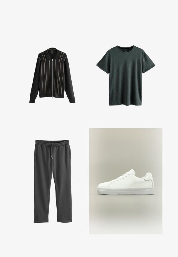 Cardigan en tricot noir avec une fermeture éclair à l'avant, présentant des accents dorés verticaux et un design de col classique. Texture douce, coupe décontractée.; T-shirt gris foncé en tissu doux et texturé. Doté d'un col rond classique et de manches courtes avec un motif subtil. Pas de logos visibles.; Pantalons de survêtement gris avec taille élastique et cordon de serrage ajustable. Fabriqués en tissu doux, avec des poches latérales et une coupe décontractée.; Baskets basses blanches à lacets, doté d'un col rembourré et d'une semelle en caoutchouc texturée, présentées de profil sur un fond neutre.