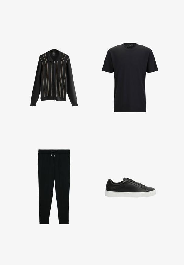 Cardigan en tricot noir avec une fermeture éclair à l'avant, présentant des accents dorés verticaux et un design de col classique. Texture douce, coupe décontractée.; FALKE Basic Apparel - T-shirt basique - black; Pantalon de survêtement noir fuselé avec une taille élastique, un cordon de serrage, des poches latérales et des chevilles resserrées, étalé à plat sur un fond blanc.; Baskets en cuir noir avec une texture lisse, bout arrondi et semelle en caoutchouc blanche. Caractérisées par un laçage et des accents minimalistes.
