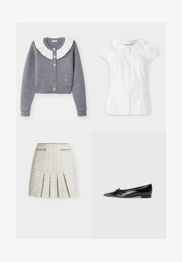 Grauer Cardigan mit einem plissierten weißen Kragen, durchgehender Knopfleiste, zwei Fronttaschen und gerippten Bündchen und Saum.; Weiße Kurzarmbluse mit abgerundetem Peter-Pan-Kragen, Knöpfen vorne, leicht gerafft unterhalb des Ausschnitts und dezenten seitlichen Abnähern.; Weißer Tweed-Minirock mit strukturiertem Karomuster, plissiertem Design und kontrastierendem schwarzen Taschenbesatz an der Taille.; Schwarze Lackleder-Ballerina mit spitzem Zehenbereich, kleinem dekorativen Riemen und niedrigem Blockabsatz. Glatte Textur und elegantes Design.