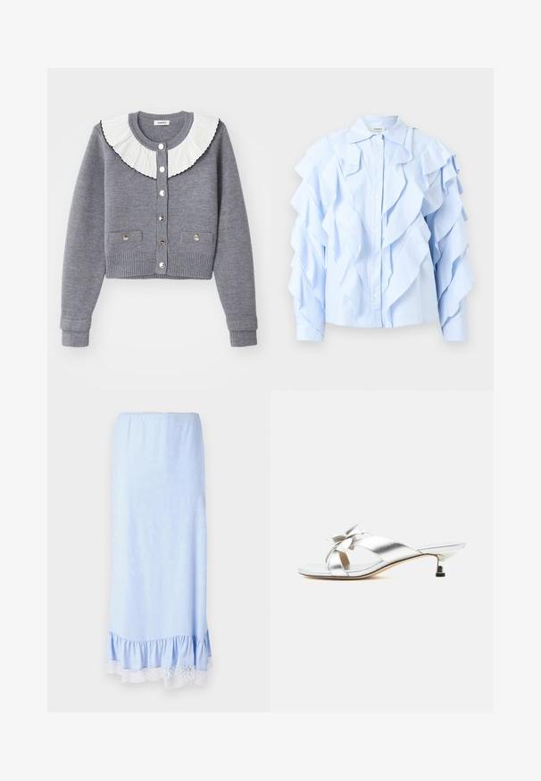 Grå cardigan med en plisseret hvid krave, knappet fortil, to forlommer og ribbede manchetter og kant.; Lyseblå bluse med lange ærmer og flæselag langs front, ærmer og krave, med knappelukning foran og klassisk krave.; Lyseblå satin nederdel med en flæset kant, prydet med hvid blonde og subtile blomster mønstre i stoffet. Elastisk talje.; Sølv åben tå sandal med en lav kitten-hæl og en dekorativ sløjfe på de krydsede stropper.