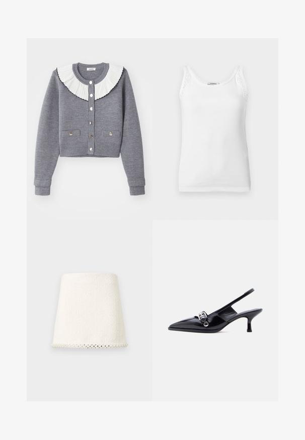 Cárdigan gris con un cuello blanco plisado, frente abotonado, dos bolsillos frontales y puños y bajo de canalé.; Camiseta sin mangas blanca con textura acanalada y detalles de encaje en las tiras de los hombros, con un escote redondo.; Minifalda blanca texturizada con corte recto, que presenta un borde con cuentas a lo largo del dobladillo inferior.; Zapato de charol negro con talón bajo tipo slingback, punta puntiaguda y detalle de hebilla plateada sobre fondo blanco liso.