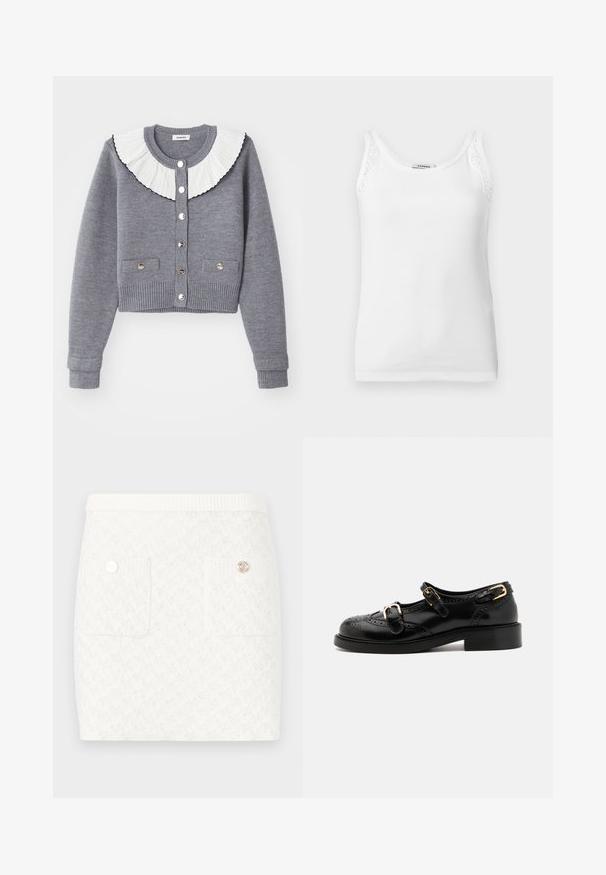 Grå cardigan med en plisseret hvid krave, knappet fortil, to forlommer og ribbede manchetter og kant.; Hvid ribstrikket ærmeløs tanktop med blondekant på skulderstropperne og rund halsudskæring.; Kort hvid nederdel med et tekstureret mønster, der har to forlommer og dekorative knapper i gyldent metal. Elastisk talje for komfort.; Sorte lædersko med brogue-detaljer, der har to spænder, rund tå og lav hæl. Glat tekstur med blank finish.