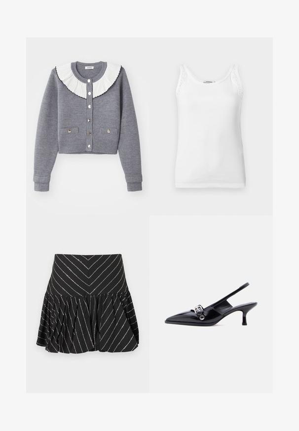 Grauer Cardigan mit einem plissierten weißen Kragen, durchgehender Knopfleiste, zwei Fronttaschen und gerippten Bündchen und Saum.; Weißes, geripptes ärmelloses Tanktop mit Spitzenbesatz an den Schulterträgern und einem Rundhalsausschnitt.; Schwarzer ausgestellter Minirock mit silbernen diagonalen Streifen und geraffter Naht unterhalb des Bunds für mehr Volumen und Textur.; Schwarzer Slingback-Pumps aus Lackleder mit kleinem Absatz, spitzer Zehenpartie und silberner Schnallendetail, auf einfachem weißem Hintergrund.