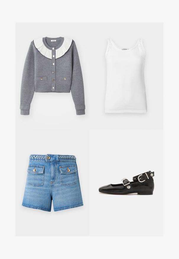 Grauer Cardigan mit einem plissierten weißen Kragen, durchgehender Knopfleiste, zwei Fronttaschen und gerippten Bündchen und Saum.; Weißes, geripptes ärmelloses Tanktop mit Spitzenbesatz an den Schulterträgern und einem Rundhalsausschnitt.; Hoch taillierte blaue Jeansshorts mit geflochtenem Taillenbund und zwei vorderen Klappentaschen, die mit goldenen Knöpfen auf einfarbigem Hintergrund gesichert sind.; Schwarze Lackleder-Ballerina mit eckiger Zehenpartie, Knöchelriemen mit silberner Hardware und flacher Sohle. Glatte Textur mit minimalistischen Design.