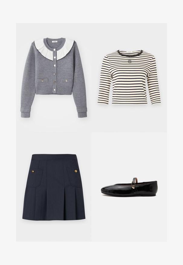 Cárdigan gris con un cuello blanco plisado, frente abotonado, dos bolsillos frontales y puños y bajo de canalé.; Top de manga larga con rayas horizontales blancas y negras, con un cuello redondo adornado con lentejuelas y un pequeño logo decorativo en el centro del pecho.; Falda azul marino oscuro con rayas a rayas, con pliegues delanteros y dos bolsillos con solapa con botones dorados a cada lado.; Zapato plano negro brillante con una fina correa en el tobillo y una pequeña hebilla dorada en forma de corazón sobre un fondo claro y liso.