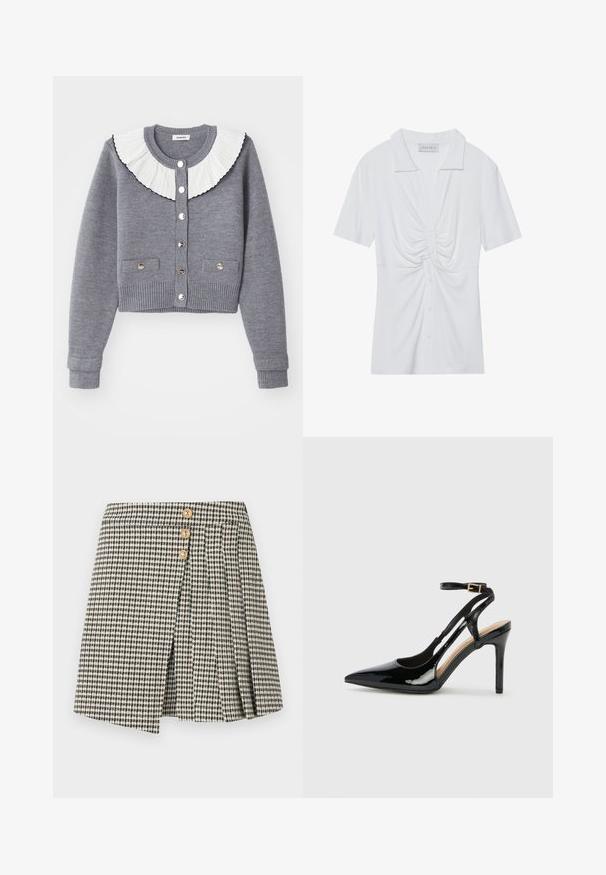 Hallide hall kardigan, pleatidega valge krae, nööpidega esiosa, kaks esikotti ning soonikkoes varrukad ja äär.; Valge lühikeste varrukatega blouse, millel on krae, esiosas keeratud sõlme detail ja nööpidega sulg. Sile ja sooniline tekstuur.; Mustvalge ruuduline seelik kolme kuldse nupuga, millel on volditud disain ja eesmine lõhik. Pehme kangatunne.; Mustast patendnahast kõrge kontsaga slingback kingad, millel on terav varvas, reguleeritav pahkluu rihm ja avatud küljed. Sile tekstuur.