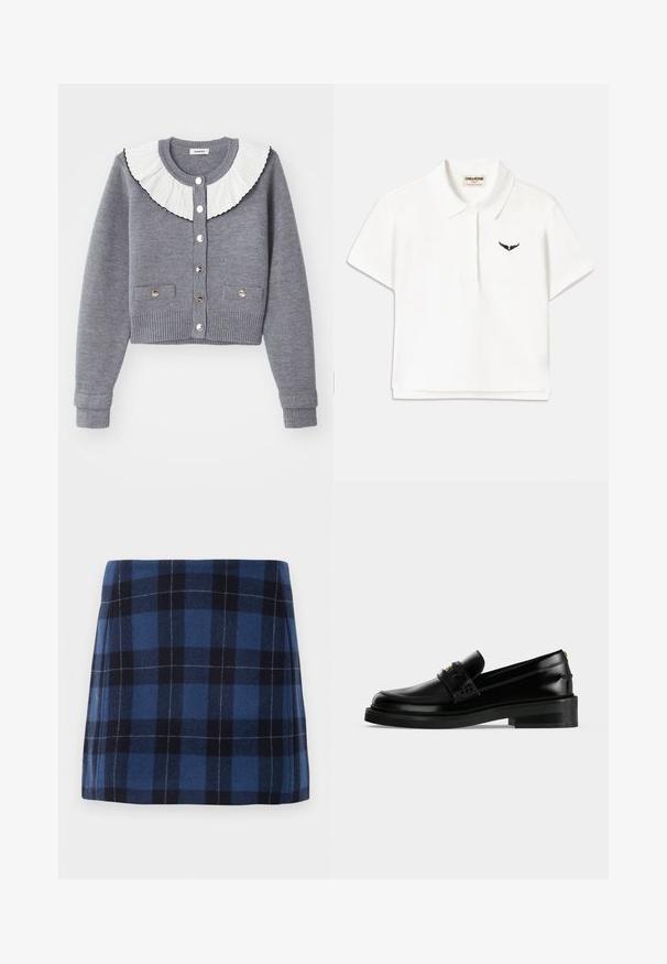 Grauer Cardigan mit einem plissierten weißen Kragen, durchgehender Knopfleiste, zwei Fronttaschen und gerippten Bündchen und Saum.; Weißes Poloshirt mit kurzen Ärmeln, ausgestattet mit einem schwarzen Flügel-Logo auf der linken Brust und einem klassischen Kragen. Glattes Material.; Karierte Minirock in Dunkelblau und Marineblau, aus weichem Stoff mit leicht strukturiertem Finish. Verfügt über einen geraden Schnitt und klare Linien.; Schwarzer, polierter Lederloafer mit niedrigem Blockabsatz, Mokassinnaht und dekorativem Riemen über dem Spann.