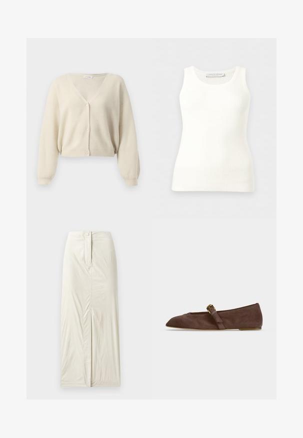 Beige, cropped cardigan i struktureret strikstof. Har V-hals, lange ærmer og knapper langs fronten.; Hvid, ribstrikket, ærmeløs tanktop med rund halsudskæring, tætsiddende pasform og mærkeetiket på indersiden af bagkraven.; Lys beige, knælang nederdel lavet af glat, tekstureret stof. Har en frontslids og en knaplukning i taljen.; Brun ruskind flad sko med spids tå og guldbeslået rem på siden, vist i profil mod hvid baggrund.